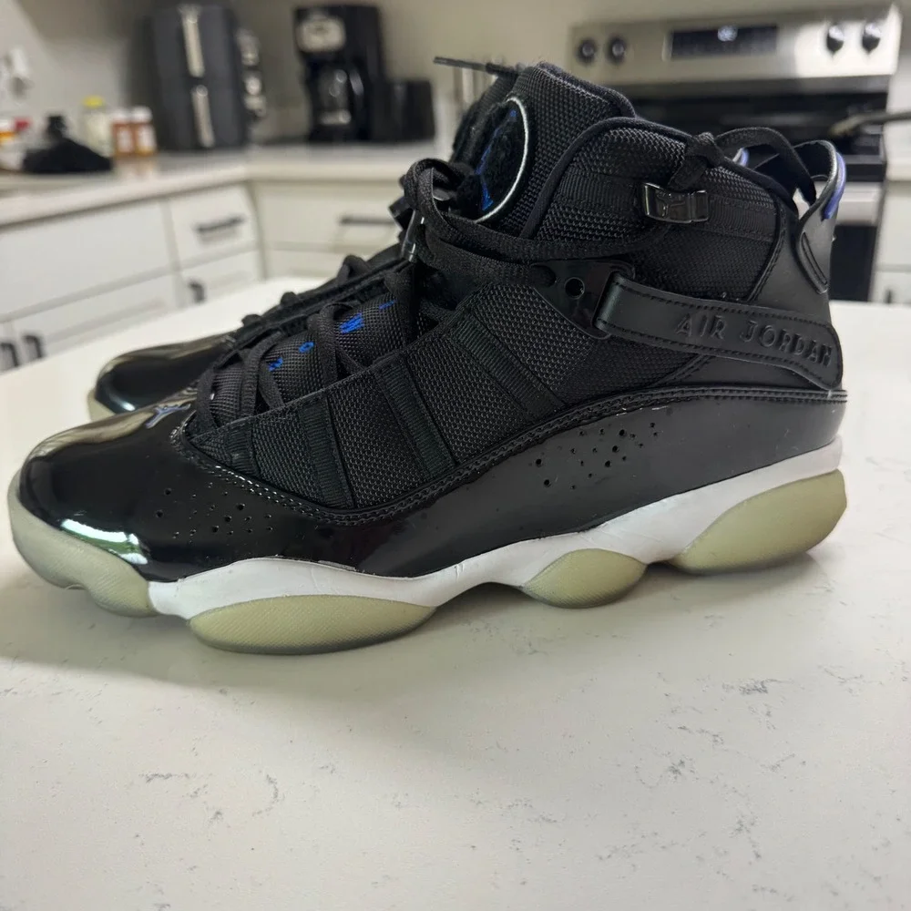 Jordan 6 Rings Mens 9.5 Black Space Jam Blue Patent Leather Sneakers 322992-016